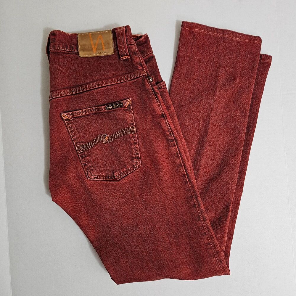 Nudie Jeans Men's Thin Finn Original Icon Red Slim Straight Stretch Denim 30